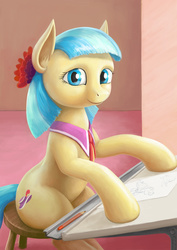 Size: 1400x1981 | Tagged: safe, artist:dahtamnay, coco pommel, earth pony, pony, g4, drawing, female, mare, pencil drawing, sitting, smiling, solo, traditional art