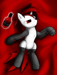 Size: 978x1275 | Tagged: safe, artist:makc-hunter, oc, oc only, oc:blackjack, cyborg, pony, unicorn, fallout equestria, fallout equestria: project horizons, alcohol, amputee, blushing, bottle, chest fluff, cybernetic legs, fanfic, fanfic art, female, glowing horn, hooves, horn, levitation, lying down, magic, mare, on back, solo, telekinesis, whiskey