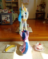 Size: 1300x1602 | Tagged: safe, artist:whitedove-creations, princess celestia, twilight sparkle, g4, 4de, banana, behind, cake, food, implied twilestia, irl, photo, plushie, toy