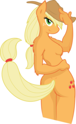 Size: 5000x8126 | Tagged: safe, artist:ambris, artist:fehlung, applejack, earth pony, anthro, g4, absurd resolution, ass, barbie doll anatomy, breasts, butt, female, fluffy, sideboob, simple background, solo, transparent background