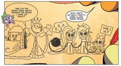 Size: 1037x569 | Tagged: safe, artist:amy mebberson, idw, official comic, applejack, fluttershy, queen trottingham, spike, dragon, earth pony, pegasus, pony, g4, spoiler:comic, spoiler:comic16, ball and chain, chains, collar, drawing, female, male, mare, paper, quill, sad, slave, speech bubble, teardrop