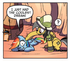 Size: 511x437 | Tagged: safe, artist:amy mebberson, idw, official comic, daring do, rainbow dash, pegasus, pony, friendship is magic #16, g4, spoiler:comic, clothes, curious, cute, female, hamster of pygolia, hat, mare, pith helmet, slave, spear, speech bubble, weapon