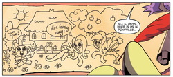 Size: 1315x590 | Tagged: safe, artist:amy mebberson, idw, official comic, applejack, fluttershy, spike, dragon, earth pony, pegasus, pony, g4, spoiler:comic, spoiler:comic16, drawing, female, frolicking, male, mare, speech bubble