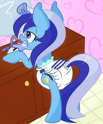 Size: 1280x1536 | Tagged: safe, artist:skitter, minuette, pony, unicorn, g4, brushing teeth, diaper, female, magic, non-baby in diaper, poofy diaper, solo, telekinesis, toothbrush