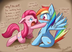 Size: 1280x932 | Tagged: safe, artist:vavacung, pinkie pie, rainbow dash, earth pony, pegasus, pony, g4, pinkie pride, blushing, cute, dialogue, diapinkes, duo, engrish, eye contact, female, floppy ears, frown, gritted teeth, hug, kneeling, lesbian, looking at each other, mare, open mouth, pinkadash, pinkamena diane pie, ship:pinkiedash, shipping, sitting, spread wings, surprised, sweat, tailboner, wavy mouth, wide eyes, wingboner