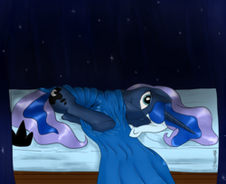 Size: 3000x2443 | Tagged: source needed, safe, artist:tkc, princess luna, alicorn, pony, g4, bed, bedsheets, crown, female, hooves, jewelry, mare, regalia, solo, stare