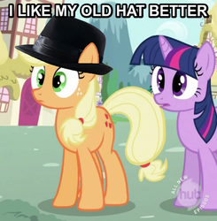 Size: 513x523 | Tagged: safe, edit, edited screencap, screencap, applejack, twilight sparkle, g4, dialogue, fedora shaming, hat, image macro, trilby