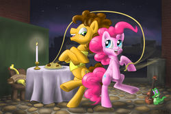 Size: 1020x676 | Tagged: safe, artist:dulali, boneless, cheese sandwich, gummy, pinkie pie, pony, g4, accordion, bipedal, candle, cello, female, jump rope, male, musical instrument, ship:cheesepie, shipping, smiling, spaghetti, straight