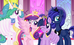 Size: 3395x2111 | Tagged: safe, artist:lucy-tan, princess cadance, princess celestia, princess luna, twilight sparkle, alicorn, pony, g4, alicorn tetrarchy, female, hug, mare, new crown, sisters-in-law, stained glass, twilight sparkle (alicorn)