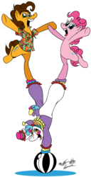 Size: 985x1920 | Tagged: safe, artist:fractiouslemon, cheese sandwich, pinkie pie, ponyacci, g4, balancing, ball, clothes, clown, costume, handstand, happy, simple background, smiling, transparent background