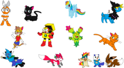 Size: 4072x2236 | Tagged: safe, artist:phantom-mossy, rainbow dash, oc, cat, fox, g4, mega man (series), pokémon
