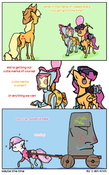 Size: 1050x1680 | Tagged: safe, artist:i-am-knot, apple bloom, applejack, scootaloo, sweetie belle, g4, balloon, clothes, comic, cutie mark crusaders, cutie mark crusading, easter island, hat, hazmat suit, inner tube, jet, jet engine, moai, propeller hat, roller skates, show stopper outfits, statue, wat, welding mask