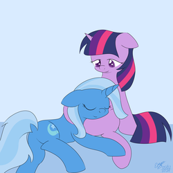 Size: 4000x4000 | Tagged: safe, artist:icy wings, trixie, twilight sparkle, alicorn, pony, g4, absurd resolution, commission, cuddling, cute, dock, eyes closed, female, floppy ears, hug, lesbian, mare, on side, ship:twixie, shipping, sleeping, smiling, snuggling, twilight sparkle (alicorn)
