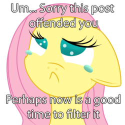 Size: 1000x1000 | Tagged: source needed, safe, artist:php10, fluttershy, g4, :<, crying, female, filters, floppy ears, frown, image macro, meme, meta, mouthpiece, reaction image, sad, simple background, solo, transparent background