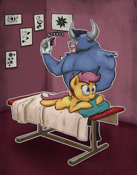 Size: 916x1171 | Tagged: safe, artist:ohmymarton, iron will, scootaloo, g4, bubble, clothes, cutie mark, desperate, gloves, needle, prone, skull, sun, tattoo, tattoo artist