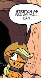 Size: 196x370 | Tagged: safe, artist:amy mebberson, edit, idw, official comic, applejack, earth pony, pony, g4, spoiler:comic, spoiler:comic16, chains, collar, female, mare, out of context, slave, speech bubble