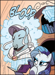 Size: 466x626 | Tagged: safe, artist:amy mebberson, idw, official comic, antonio, rarity, pony, unicorn, friendship is magic #16, g4, spoiler:comic, bloop, female, goatee, male, mare, shipping, straight, wink