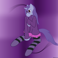 Size: 2000x2000 | Tagged: safe, artist:midnight groove, oc, oc only, oc:midnight groove, clothes, crossdressing, embarrassed, explicit source, hoodie, simple background, skirt, socks, solo, striped socks