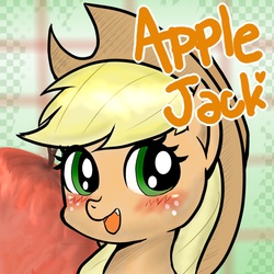 Size: 600x600 | Tagged: safe, artist:doubt, applejack, g4, blushing, female, pixiv, smiling, solo