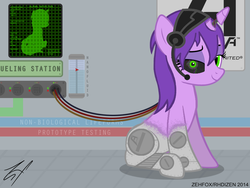 Size: 900x675 | Tagged: safe, artist:zehfox, oc, oc only, oc:alpha, gynoid, pony, robot, robot pony, female, headset, looking at you, nanobots, nanofluid, smiling, smiling at you, solo, wires