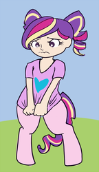 Size: 445x771 | Tagged: safe, artist:daily, oc, oc only, oc:venus, satyr, bottomless, clothes, covering, embarrassed, heart, offspring, parent:oc:anon, parent:princess cadance, shirt, solo
