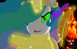 Size: 900x582 | Tagged: safe, artist:tofer18, princess celestia, g4, dark magic, evil, female, jewelry, just as planned, magic, peytral, scroll, solo, sombra eyes, tiara