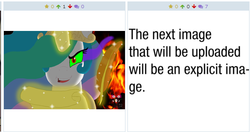 Size: 516x273 | Tagged: safe, princess celestia, pony, derpibooru, g4, exploitable meme, fire, implied explicit, juxtaposition, juxtaposition fail, levitation, magic, meme, meta, telekinesis, text