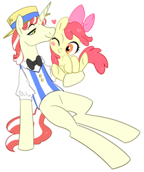 Size: 700x839 | Tagged: dead source, safe, artist:mariponihoney, apple bloom, flim, earth pony, pony, unicorn, g4, blushing, bowtie, clothes, crack shipping, duo, female, filly, flimbloom, foal, heart, holding, kissing, male, one eye closed, shipping, shirt, straight