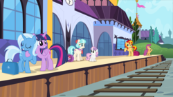Size: 1920x1080 | Tagged: safe, artist:adcoon, coco pommel, scootaloo, sunset shimmer, sweetie belle, trixie, twilight sparkle, alicorn, earth pony, pegasus, pony, unicorn, g4, female, lesbian, luggage, mare, ship:twixie, shipping, show accurate, train station, train tracks, twilight sparkle (alicorn)