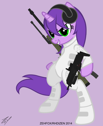 Size: 3589x4374 | Tagged: safe, artist:zehfox, oc, oc only, oc:alpha, android, pony, robot, unicorn, bipedal, bodysuit, clothes, female, gun, hooves, horn, l96, latex, mare, mp7, purple underwear, rifle, signature, simple background, smiling, sniper rifle, solo, submachinegun, teeth, underwear, weapon