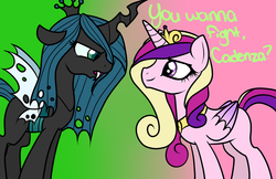 Size: 1280x828 | Tagged: artist needed, safe, princess cadance, queen chrysalis, alicorn, changeling, changeling queen, pony, g4, ask-thechrysalis, crown, female, jewelry, regalia, tumblr