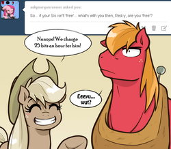 Size: 623x543 | Tagged: safe, artist:redhotkick, applejack, big macintosh, earth pony, pony, g4, big macintosh is not amused, blushing, discorded, liarjack, male, stallion