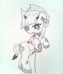 Size: 587x696 | Tagged: safe, artist:auntie_grub, applejack, cow, earth pony, pony, g4, applecow, bipedal, cloven hooves, collar, cute, female, monochrome, piercing, simple background, solo, species swap, white background