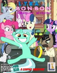 Size: 640x818 | Tagged: safe, artist:spongebat1, bon bon, derpy hooves, doctor caballeron, lance (g4), lyra heartstrings, pinkie pie, sweetie drops, twilight sparkle, pegasus, pony, timber wolf, unicorn, g4, colt, female, fencing, game, lucasarts, male, manehattan, mare, parental advisory, point and click, stallion, video game