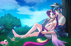 Size: 1600x1030 | Tagged: safe, artist:mauroz, princess cadance, shining armor, human, g4, barefoot, clothes, cuddling, feet, female, humanized, leaning, light skin, male, midriff, my little pony logo, nature, partial nudity, ship:shiningcadance, shipping, skirt, smiling, snuggling, spooning, straight, tree