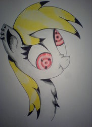 Size: 1145x1571 | Tagged: safe, artist:astmainhaler, derpy hooves, pegasus, pony, g4, female, mare, naruto, scrunchy face, sharingan, solo