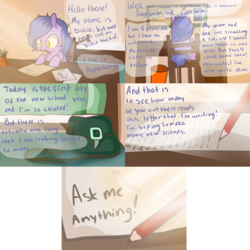 Size: 2362x2361 | Tagged: safe, artist:lolepopenon, oc, oc only, oc:billie, pony, ask billie the kid, ask, backpack, colt, comic, foal, male, monologue, pencil, pencil in mouth, solo, talking, tumblr, writing
