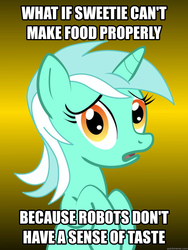 Size: 625x833 | Tagged: safe, lyra heartstrings, sweetie belle, friendship is witchcraft, g4, conspiracy, conspiracy lyra, exploitable, exploitable meme, female, image macro, implied sweetie bot, meme, solo, sweetie bot, sweetie fail