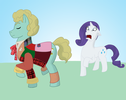 Size: 900x711 | Tagged: dead source, safe, artist:vida-en-color, doctor whooves, rarity, time turner, earth pony, pony, unicorn, g4, clothes, cravat, doctor who, duo, ears back, fashion disaster, female, frock coat, horrified, male, mare, ponified, rarity is not amused, shirt, sixth doctor, spats, stallion, tacky, the doctor, the explosion in a rainbow factory, unamused