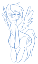 Size: 413x700 | Tagged: safe, rainbow dash, g4, bedroom eyes, chest fluff, curvy, cute, dashabetes, female, monochrome, seductive, sitting, sketch, solo, spread wings, wide hips