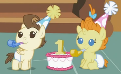 Size: 421x257 | Tagged: safe, screencap, pound cake, pumpkin cake, baby cakes, g4, baby, baby pony, cake, cake twins, colt, cute, daaaaaaaaaaaw, diaper, diapered, diapered colt, diapered filly, diapered foals, female, filly, happy babies, male, noisemakers, one month old colt, one month old filly, party hats, party horns, siblings, smiling, twins, white diapers