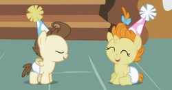 Size: 561x293 | Tagged: safe, screencap, pound cake, pumpkin cake, pegasus, pony, unicorn, baby cakes, g4, baby, baby pony, cake twins, colt, cute, diaper, diapered, diapered colt, diapered filly, diapered foals, eyes closed, female, filly, foal, giggling happily, happy, happy babies, hat, male, one month old colt, one month old filly, one month old foals, open mouth, party hats, siblings, sitting, smiling, twins, white diapers