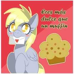 Size: 1024x1024 | Tagged: safe, artist:inumocchi, derpy hooves, pegasus, pony, g4, blushing, cute, derpabetes, female, heart, letter, mare, muffin, solo, spanish, translated in the comments