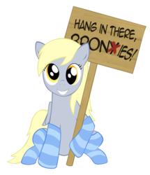 Size: 600x697 | Tagged: safe, artist:kujaex, derpy hooves, pegasus, pony, g4, brony, clothes, female, happy, looking at you, mare, sign, smiling, socks, solo, striped socks