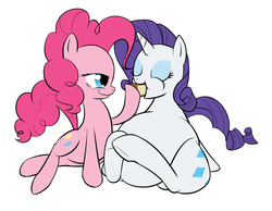 Size: 1378x1072 | Tagged: safe, artist:calorie, pinkie pie, rarity, earth pony, pony, unicorn, g4, big belly, cake, cheesecake, duo, duo female, eating, fat, feedee, feeder, feeder pinkie, feeding, female, food, mare, obese, over eating, overweight, pie, raritubby, simple background, stuffing, this will end in weight gain, white background
