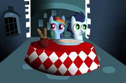 Size: 1024x681 | Tagged: safe, artist:rulette, rainbow dash, soarin', pony, g4, bread, duo, female, lady and the tramp, male, ship:soarindash, shipping, spaghetti, spaghetti scene, straight