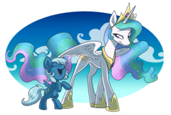 Size: 2336x1580 | Tagged: safe, artist:pixel-prism, princess celestia, oc, oc:wind walker, alicorn, pegasus, pony, g4, belly, circle background, cloud, concave belly, crown, duo, ethereal mane, ethereal tail, eyes closed, filly, flowing mane, gradient background, happy, having fun, height difference, hoof shoes, jewelry, lidded eyes, long mane, long tail, looking at someone, open mouth, partially open wings, peytral, physique difference, pink eyes, princess shoes, rearing, regalia, simple background, slender, small wings, smiling, spread wings, starry mane, starry tail, tail, tall, thin, transparent background, wavy mane, wings