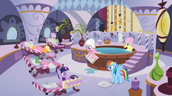 Size: 992x557 | Tagged: safe, screencap, applejack, fluttershy, pinkie pie, rainbow dash, rarity, spike, twilight sparkle, g4, ponyville confidential, hoof spongey thing, hot tub, mane seven, mane six, newspaper, spa