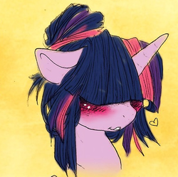 Size: 410x408 | Tagged: safe, artist:dimwitdog, twilight sparkle, g4, alternate hairstyle, bangs, blushing, bust, covering eyes, cropped, cute, embarrassed, female, floppy ears, hair over eyes, heart, hidden eyes, hilarious in hindsight, portrait, smiling, solo, teeth