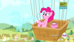 Size: 1920x1080 | Tagged: safe, pinkie pie, g4, pinkie pride, balloon, bubble, bubble wand, female, hub logo, solo, tape